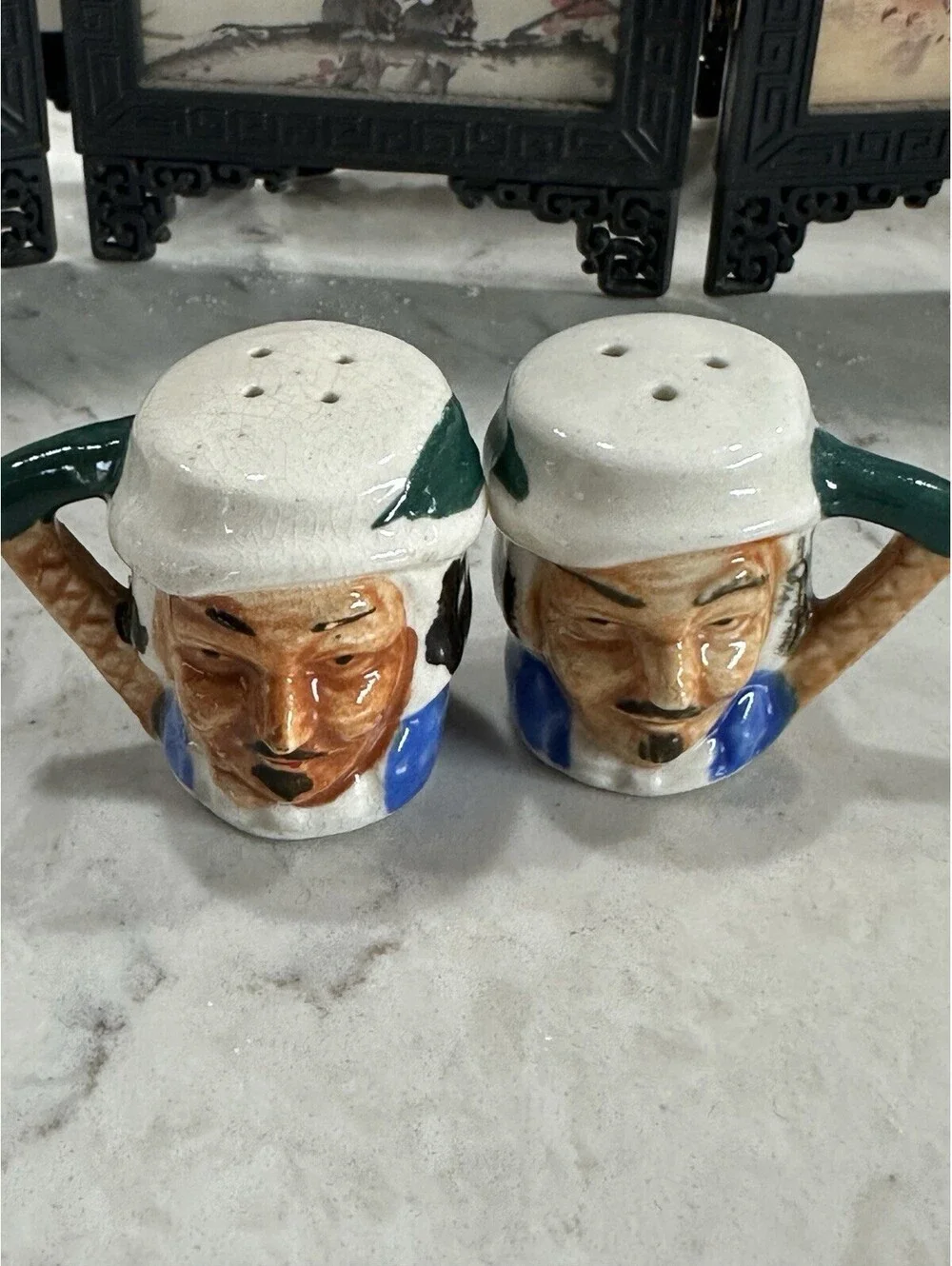 vintage miniature Toby character salt and pepper shaker set 1.50 inches tall